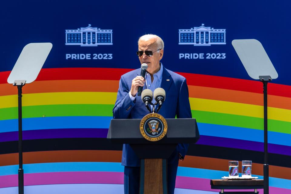 President Joe Biden speaks at the Pride Month celebration on the South Lawn of the White House on June 10, 2023 in Washington, DC. Thousands of people came to the white house to celebrate pride month with a performance by singer Betty Who. (Photo by Tasos Katopodis/Getty Images)