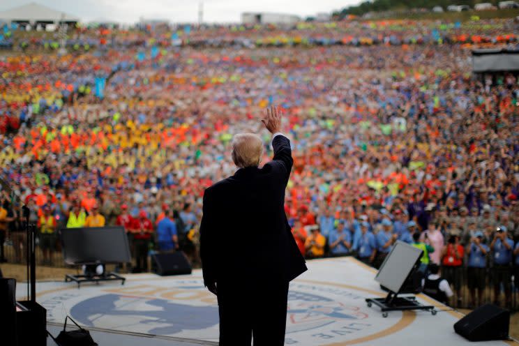 Trump waves after delivering remarks at the 2017 National Scout Jamboree in West Virginia, on Tuesday. (Carlos Barria/Reuters)