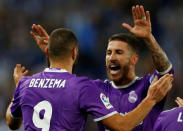 Football Soccer - Espanyol v Real Madrid - Spanish La Liga Santander - RCDE stadium, Cornella - El Prat, Spain - 18/09/16 Real Madrid's Karim Benzema and Sergio Ramos celebrate a goal. REUTERS/Albert Gea