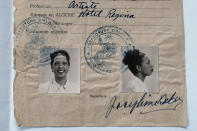 A passport application by Josephine Baker is pictured in an archive room of the Vincennes castle, in Vincennes, east of Paris, Monday, Nov. 15, 2021. France is inducting Josephine Baker – Missouri-born cabaret dancer, French Resistance fighter and civil rights leader – into its Pantheon, the first Black woman honored in the final resting place of France's most revered luminaries. (AP Photo/Thibault Camus)