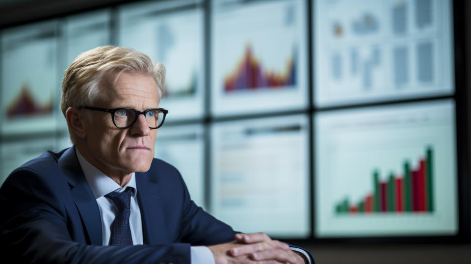 A senior executive in a board room with company logos and charts in the background.