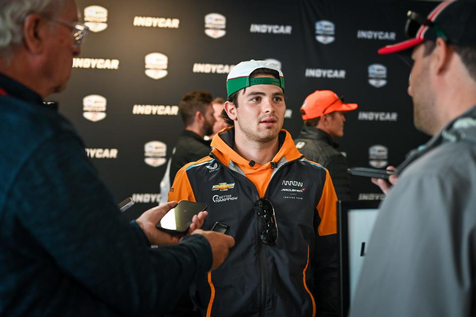 Driver Pato O'Ward of Arrow McLaren answers questions before practice Friday at Road America.