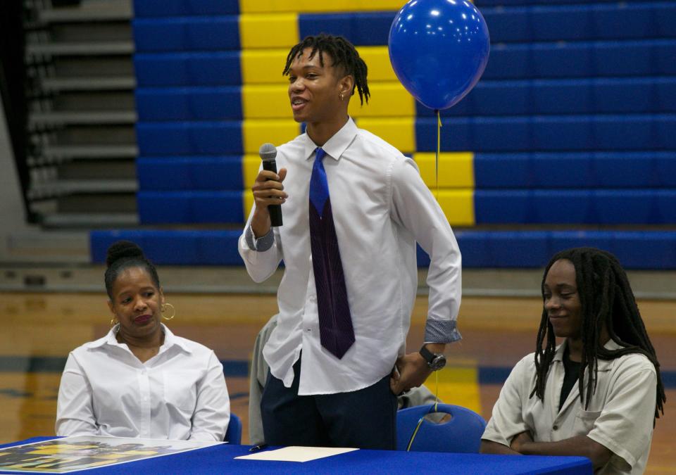 Rickards basketball players Kent Carroll (Tabor College), Chase Hudson (Community Christian College) and Shareed Ross (Hillsborough Community College) all signed National Letters of Intent on June 29, 2022, at Rickards High School.