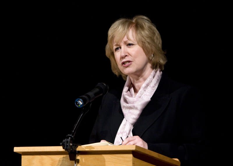 Former Prime Minister of Canada Kim Campbell speaks at the Washington National Cathedral in Washington on April 13, 2008. Campbell was sworn in as Canada's first female prime minister on this day in 1993. File Photo by Patrick D. McDermott/UPI