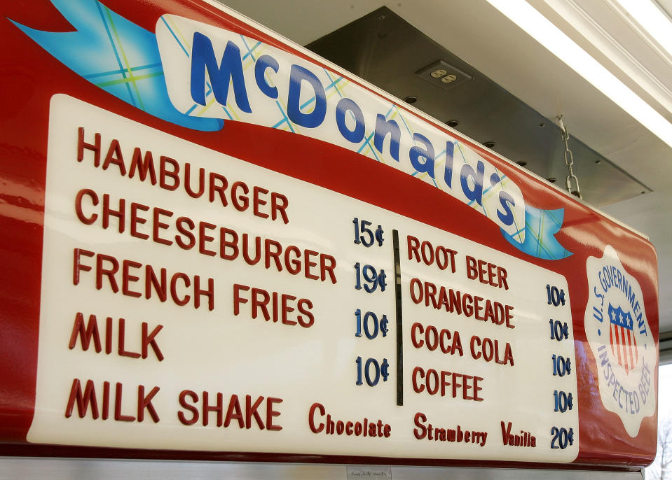 DES PLAINES, IL - APRIL 14:  The price board hangs insiThe price board hangs inside the McDonald's USA First Store Museum April 14, 2005 in Des Plaines, Illinois.(Photo by Tim Boyle/Getty Images)de the McDonald's USA First Store Museum April 14, 2005 in Des Plaines, Illinois. The McDonald's museum is a recreation of the first McDonald's restaurant opened at this location by founder Ray Kroc on April 15, 1955. The original red and white tiled restaurant was finally torn down in 1984 and the present facility was built according to the original blueprints with some modifications to accommodate visitors and staff. The customer service and food preparation areas contain original equipment and the all male crew is represented by mannequins dressed in the 1955 uniform of dark trousers, white shirts, aprons and paper hats. McDonald's will mark their 50th anniversary with an opening of a new restaurant in Chicago. (Photo by Tim Boyle/Getty Images)