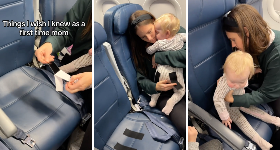 Mum-fluencer Lisa Flom shared how she secured her baby to a plane seat with velcro strips. Photo: TikTok/Lisa Flom