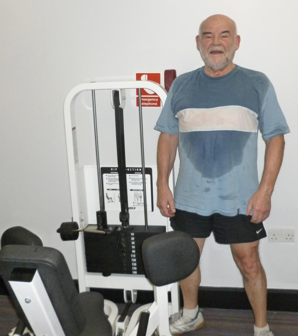In this photo taken in Feb. 2018 Lt. Cmdr. Robert Embleton pauses during a workout at a gym in Plymouth, England. From resounding applause to ostracization and isolation. That's essentially the journey Lt. Cmdr. Robert Embleton, who served 34 years in Britain's Royal Navy, took by ambulance when discharged from Derriford Hospital in Plymouth, southwest England, on April 8 following his near-month sickness with the coronavirus. (Courtesy of Robert Embleton)
