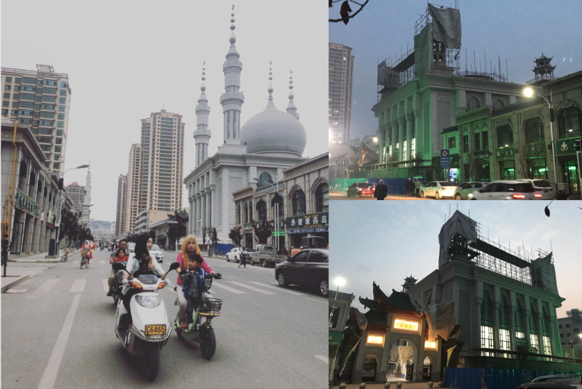 The Tiejia mosque in Linxia, Gansu province, China, in 2016 (L) and on Nov. 13, 2020 (R), after authorities demolished its mosque and minarets during the COVID-19 pandemic.