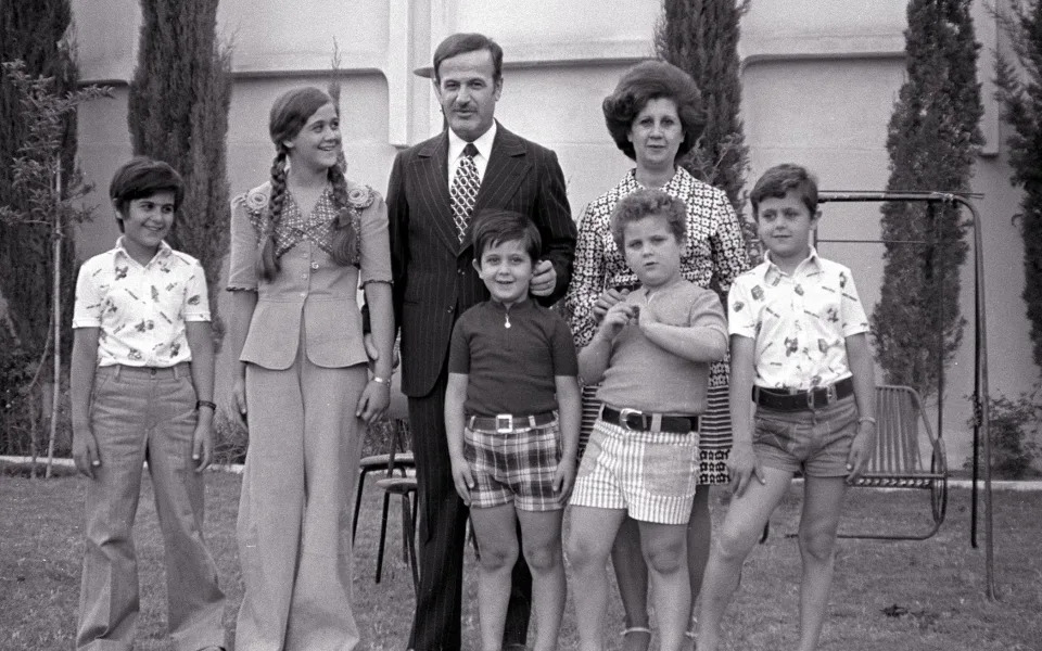 The late president Hafez al-Assad (Bashar Al-Assad&#39;s father), who seized power in a coup in 1970, pictured in 1974 with his wife Anisa Makhlouf and his children from left: Basel, Bushra, Maher, Majd and Bashar