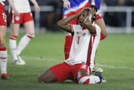 Canada's Kadeisha Buchanan reacts to missing a shot against the United States during the second half of a SheBelieves Cup women's soccer match Tuesday, April 9, 2024, in Columbus, Ohio. (AP Photo/Jay LaPrete)