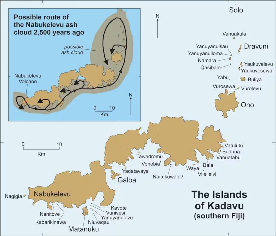 Pequeñas islas mencionadas en siete versiones de la historia de Nabukelevu se formaron después de la erupción de Nabukelevu. El recuadro muestra el posible rastro de la nube de ceniza según las historias|Loredana Lancini, Patrick Nunn, et al. Oral Tradition (2023)  CC BY-ND