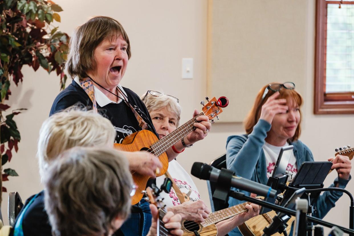 Fern Poly, from Sherrodsville, sings during a special performance by the T-County Ukulele Squad, Tuesday, April 3 at the Tuscarawas County Senior Center in Dover.