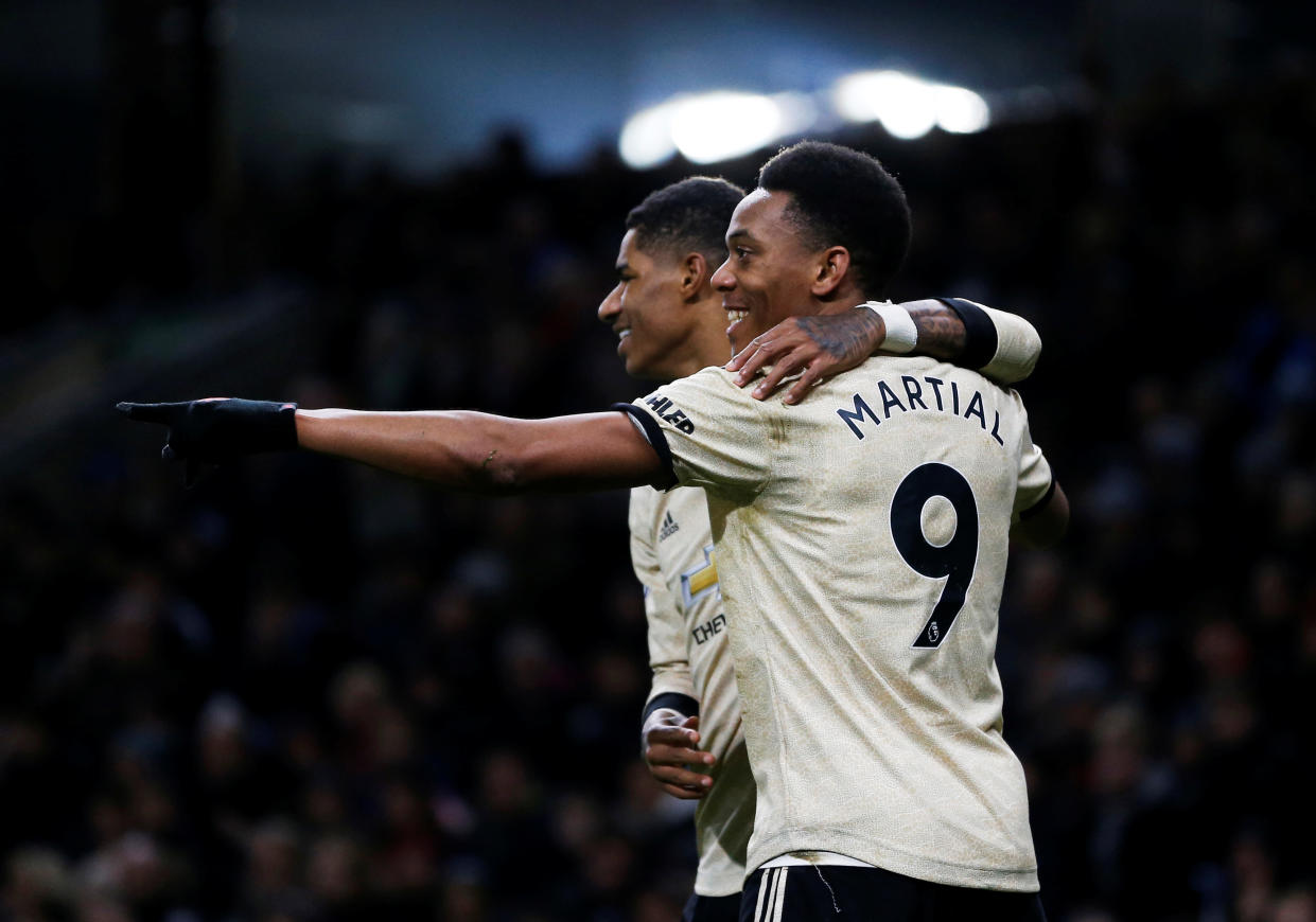 Soccer Football - Premier League - Burnley v Manchester United - Turf Moor, Burnley, Britain - December 28, 2019  Manchester United's Anthony Martial celebrates scoring their first goal with Marcus Rashford   Action Images via Reuters/Craig Brough  EDITORIAL USE ONLY. No use with unauthorized audio, video, data, fixture lists, club/league logos or "live" services. Online in-match use limited to 75 images, no video emulation. No use in betting, games or single club/league/player publications.  Please contact your account representative for further details.