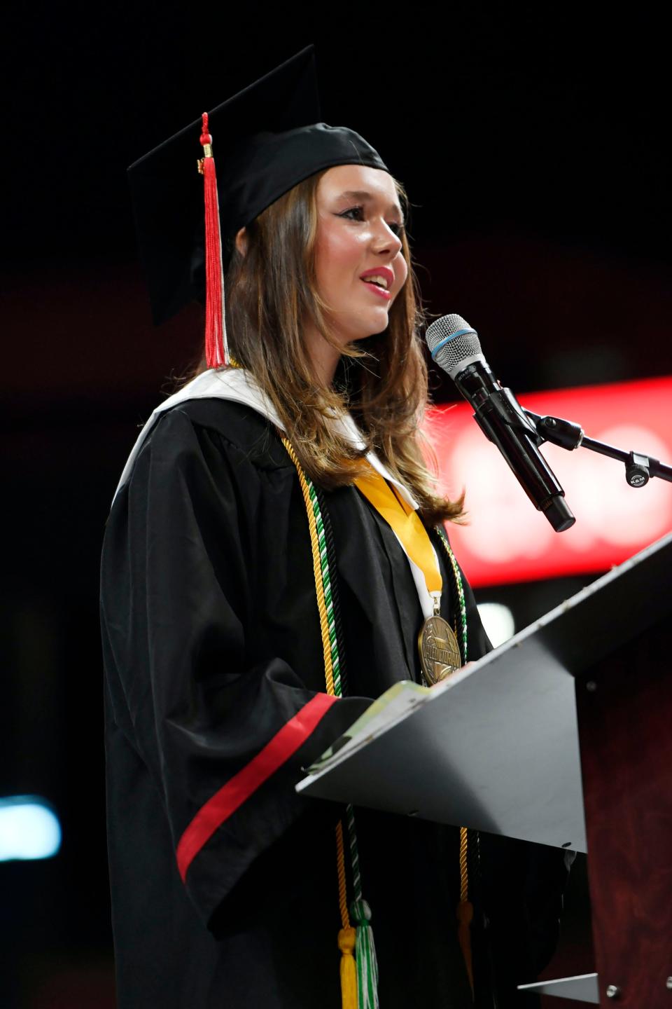 Liliana Sommer, Greenville High School valedictorian, speaks during the commencement ceremony that was held at Bon Secours Wellness Arena on Tuesday, May 21, 2024.