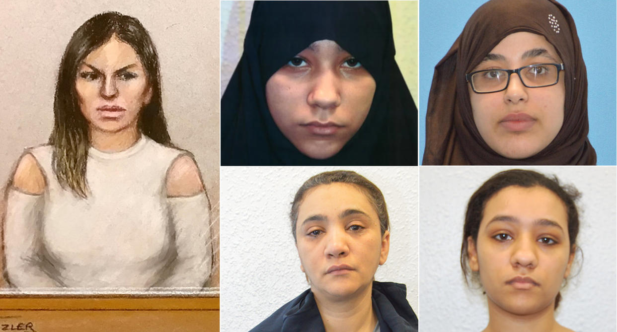 Safaa Boular, in a court sketch, left, and top centre, and her co-defendants Khawla Barghouthi, top right, her sister Rizlaine Boular, bottom right, and their mother, Mina Dich, bottom centre (Pictures: PA/Metropolitan Police)