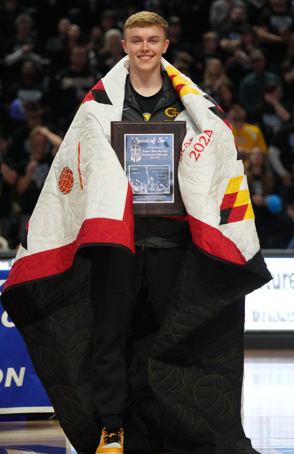 Groton Area senior Lane Tietz received the Spirit of Su Award during the championship game of the state Class A boys basketball tournament on Saturday, March 16, 2024 in the Summit Arena at The Monument in Rapid City.