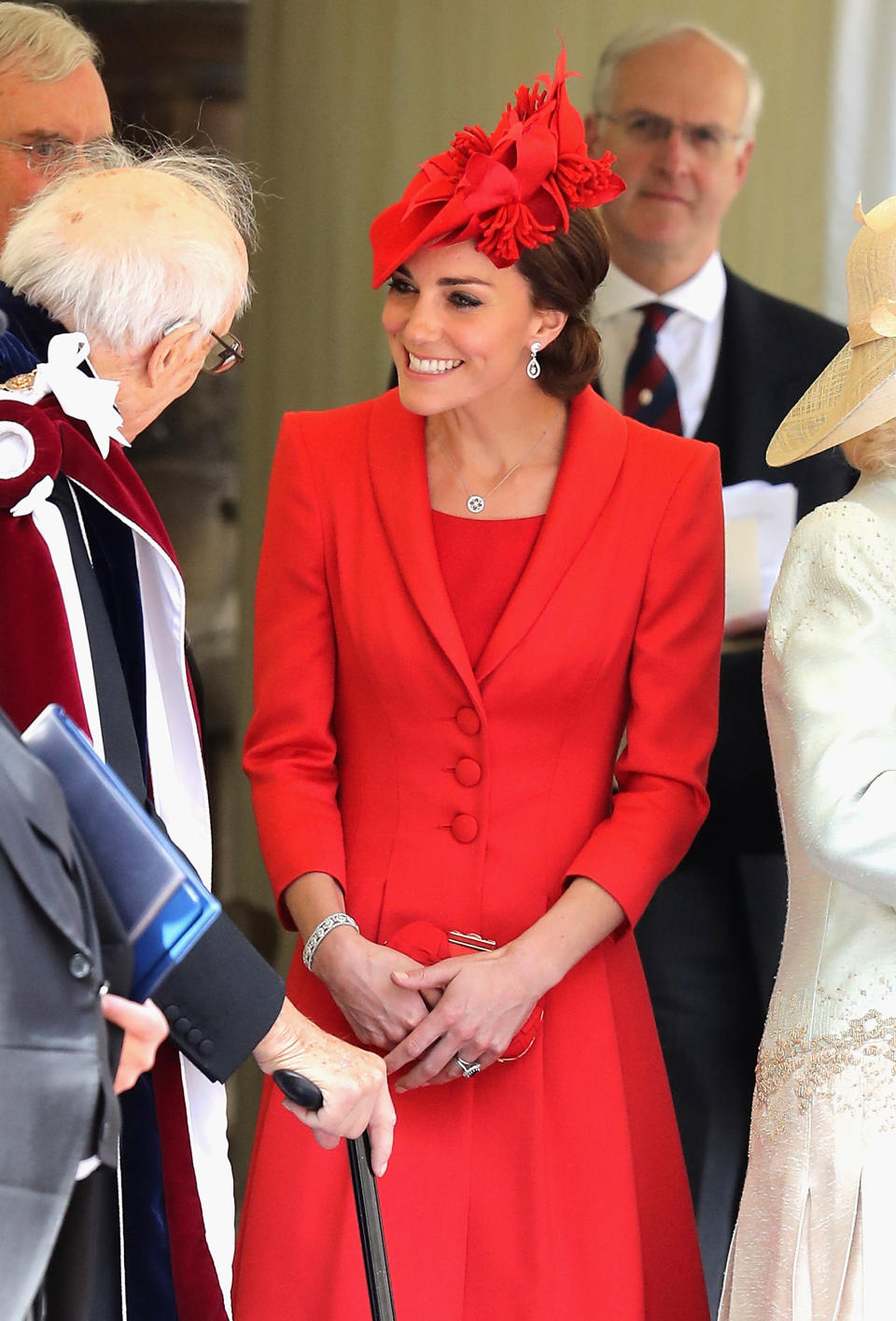The Duchess of Cambridge talks to guests after attending the annual Order of the Garter Service at St George's Chapel, Windsor Castle.