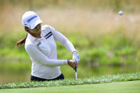 Sei Young Kim, of South Korea, hits out of a bunker on the 18th green during the third round in the Women's PGA Championship golf tournament at Congressional Country Club, Saturday, June 25, 2022, in Bethesda, Md. (AP Photo/Terrance Williams)