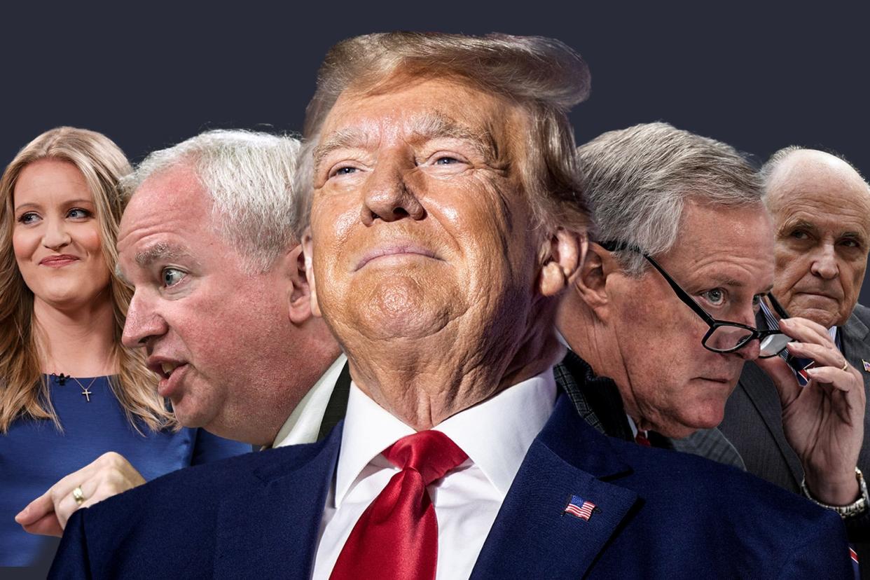 A photo illustration featuring Trump, Mark Meadows, and some of their other co-defendants.