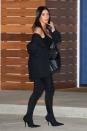 <p>In a Comme des Garçons blazer, black leggings, and black pointed toe boots with Hermès Kelly Pochette while out in New York City. </p>