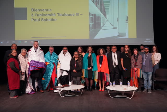 <em>Lakota, French and American collaborators at the March 27, 2023 press conference for the release of the Science Journal piece titled “Early Dispersal of Domestic Horses into the Great Plains and Northern Rockies” at Paul Sabatier University in Toulouse, France. (Photo/Courtesy)</em>