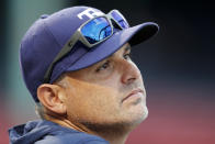 Tampa Bay Rays manager Kevin Cash watches batting practice before Game 4 of a baseball American League Division Series against the Boston Red Sox, Monday, Oct. 11, 2021, in Boston. (AP Photo/Michael Dwyer)