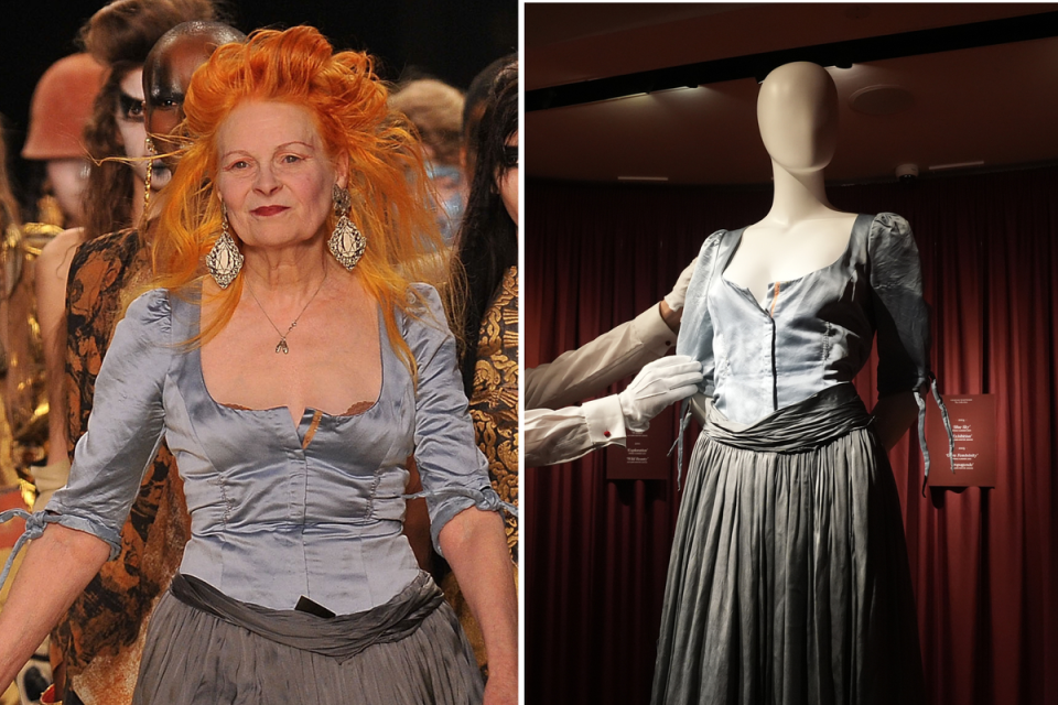 Westwood wearing her ‘Cinderella dress’  at Paris Fashion Week in 2011 (L) and the dress on display at Christie’s (R) (Getty/PA)