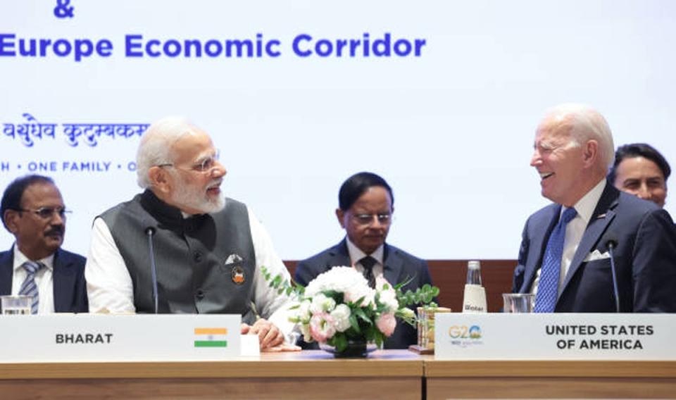 Indian Prime Minister Narendra Modi and the United States President Joe Biden attend Partnership for Global Infrastructure and Investment & India-Middle East-Europe Economics Corridor event within the G20 Leaders’ Summit 2023 at Bharat Mandapam (Anadolu Agency via Getty Images)