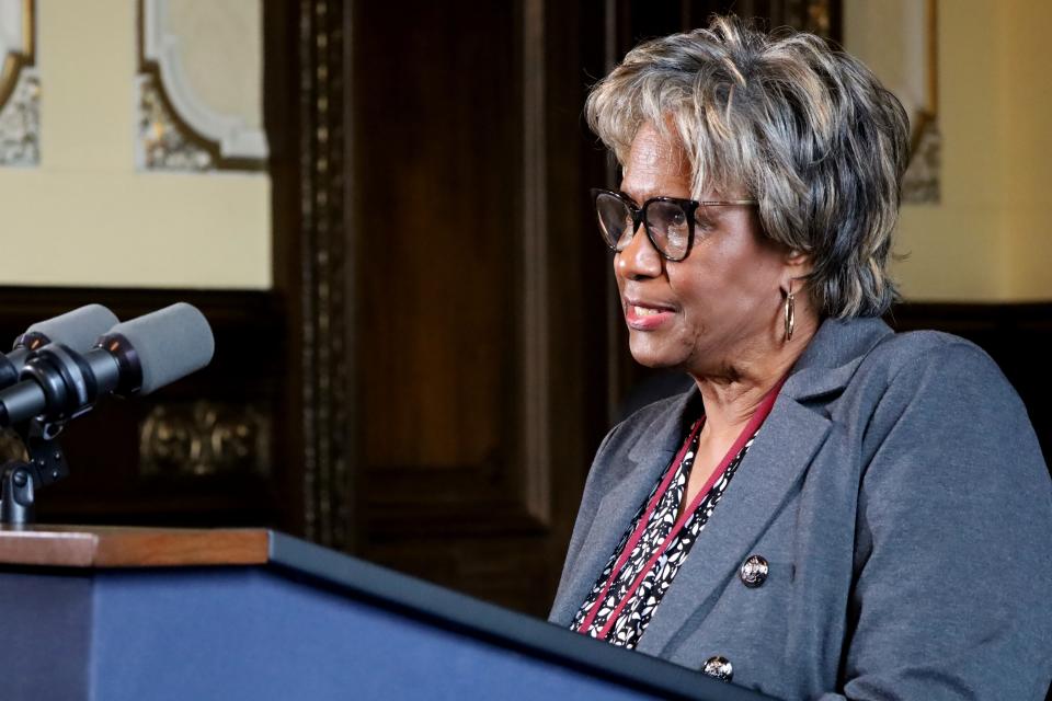 Sen. Doris Turner, D-Springfield, speaking at a May 5, 2022 Capitol press conference, saw her bill allowing Springfield Public Schools District 186 the quick-take of two parcels of land outside of Springfield High School pass in the Senate on Wednesday.