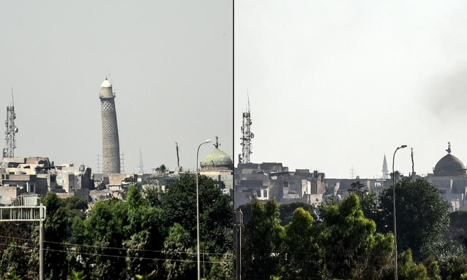 <p>This combination of pictures shows (L) a picture taken on June 20, 2017, of Mosul’s leaning Al-Hadba minaret and (R) a picture taken on June 22, 2017 of Mosul’s skyline missing it’s trademark minaret the day after it was blown up by Islamic State (IS) group fighters. Explosions on June 21 evening levelled both the Nuri mosque where Abu Bakr al-Baghdadi gave his first sermon as leader of the Islamic State group and its ancient leaning minaret, known as the “Hadba” (Hunchback). (Photo: Mohamed el-Shahed/AFP/Getty Images) </p>