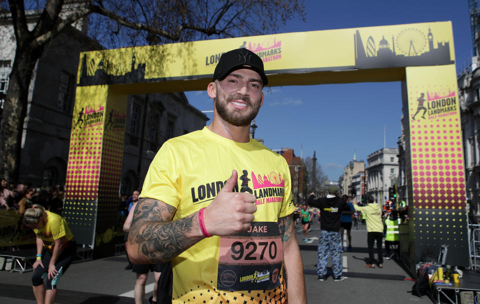 Jake Quickenden crosses the finish line during the 2019 London Landmarks Half Marathon.