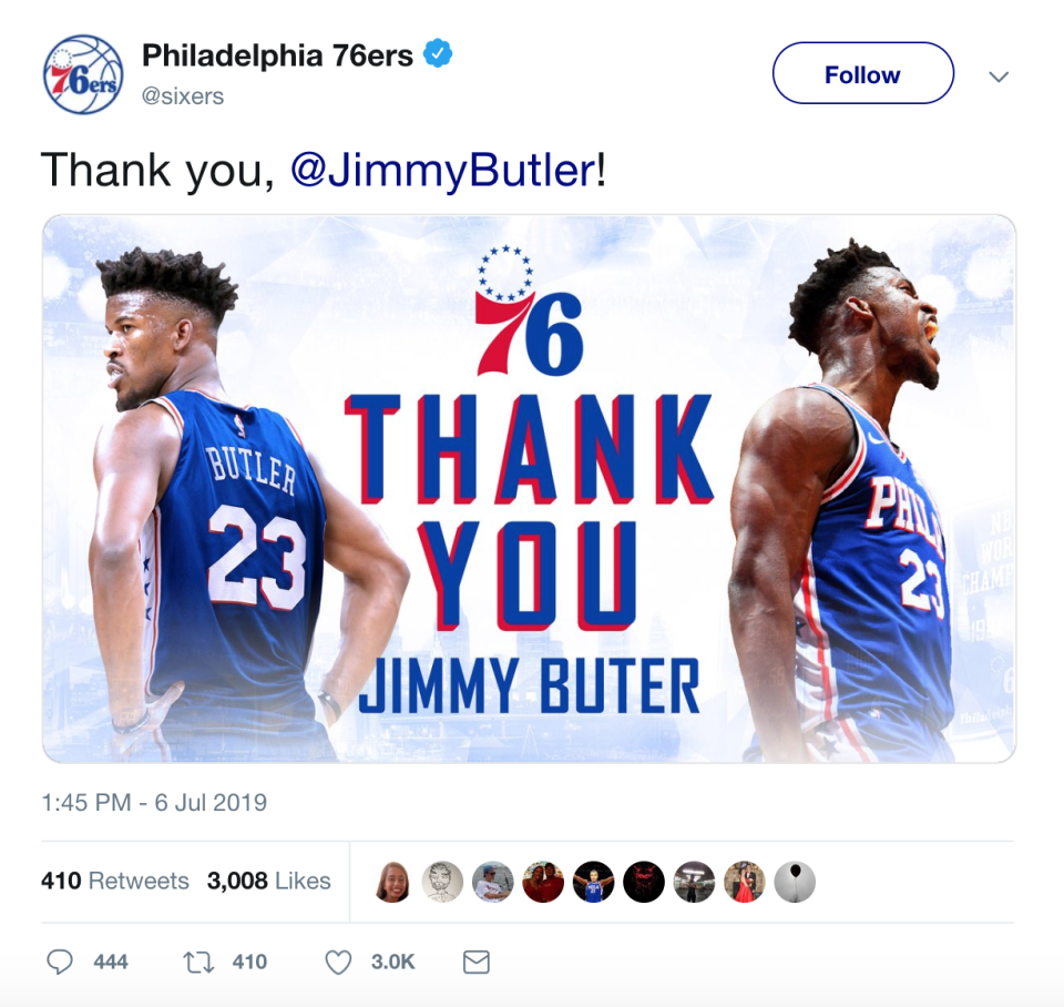 The 76ers meant to thank Jimmy Butler. Instead, they thanked Jimmy Buter.