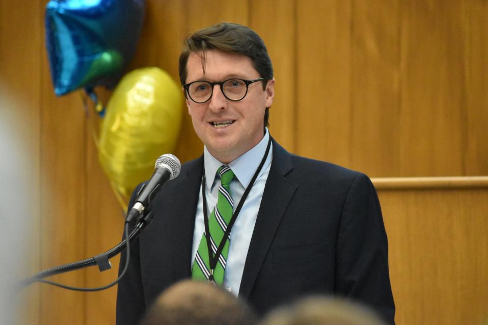 Andrew Hoyt, head of Portage School of Leaders, speaks at a grand opening of the new charter high school in downtown South Bend on Friday, Jan. 19, 2024.