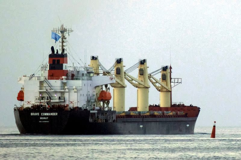 FILE PHOTO: Lebanese-flagged bulk carrier Brave Commander leaves the sea port of Pivdennyi with wheat for Ethiopia, in the town of Yuzhne