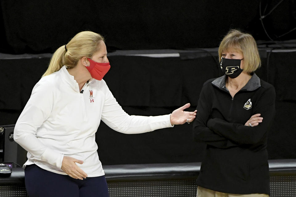 Maryland head coach Brenda Frese and Purdue head coach Sharon Versyp speak prior to the start of an NCAA college basketball game, Sunday, Jan. 10, 2021, in College Park, Md. (AP Photo/Will Newton)