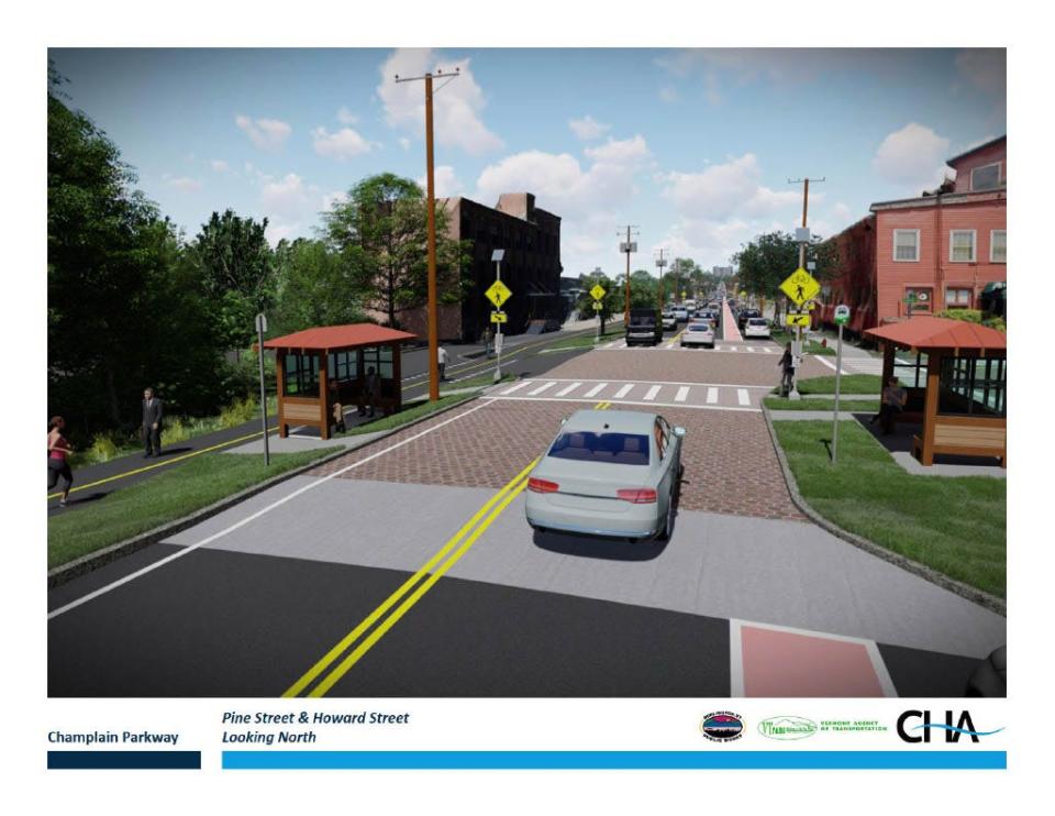 A rendering shows the future raised intersection of Pine Street and Howard Street. This section of the parkway is projected to be completed by the end of 2023.