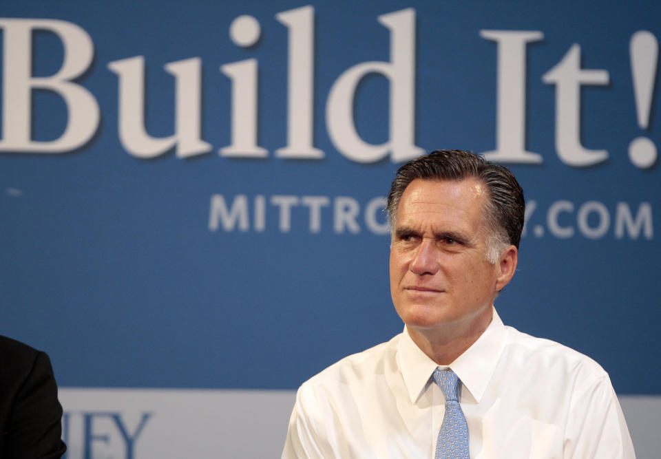 Republican presidential candidate, former Massachusetts Gov. Mitt Romney hosts a small-business roundtable during a campaign stop at Endural LLC, Monday, July 23, 2012, in Costa Mesa, Calif. (AP Photo/Jason Redmond)