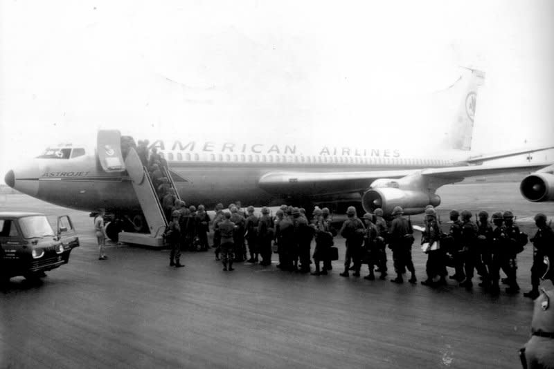 Members of the 101st Airborne Division board an American Airlines Astrojet Boeing 707 to leave for the Vietnam War at Campbell Army Airfield, Fort Campbell, Kentucky in June 1966. On January 25, 1959, the first scheduled transcontinental passenger jet flight took place, a non-stop American Airlines trip from California to New York in a Boeing 707 similar to the one pictured. File Photo courtesy of the U.S. Army