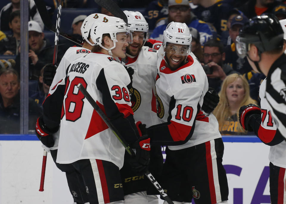 Ottawa Senators forward Anthony Duclair (10) celebrates his goal with teammates during the first period of an NHL hockey game against the Buffalo Sabres on Thursday, April 4, 2019, in Buffalo, N.Y. (AP Photo/Jeffrey T. Barnes)