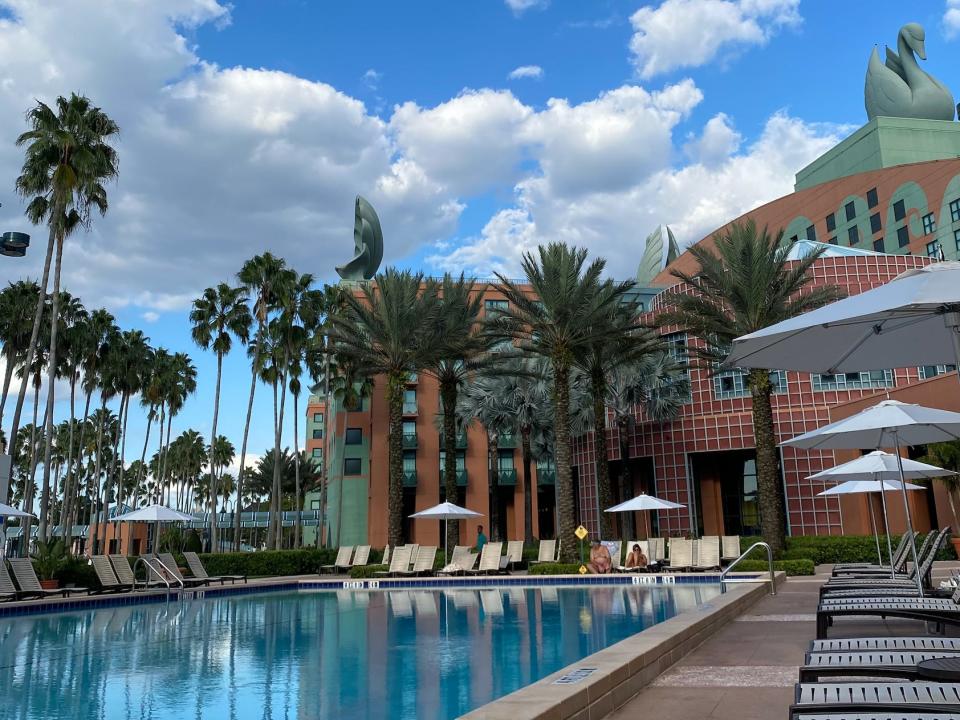 view of disney's swan and dolphin resort from the pool