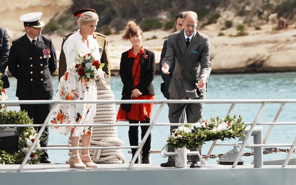 The Duke and Duchess lay drop wreaths at the entrance to the Grand Harbour in Valetta