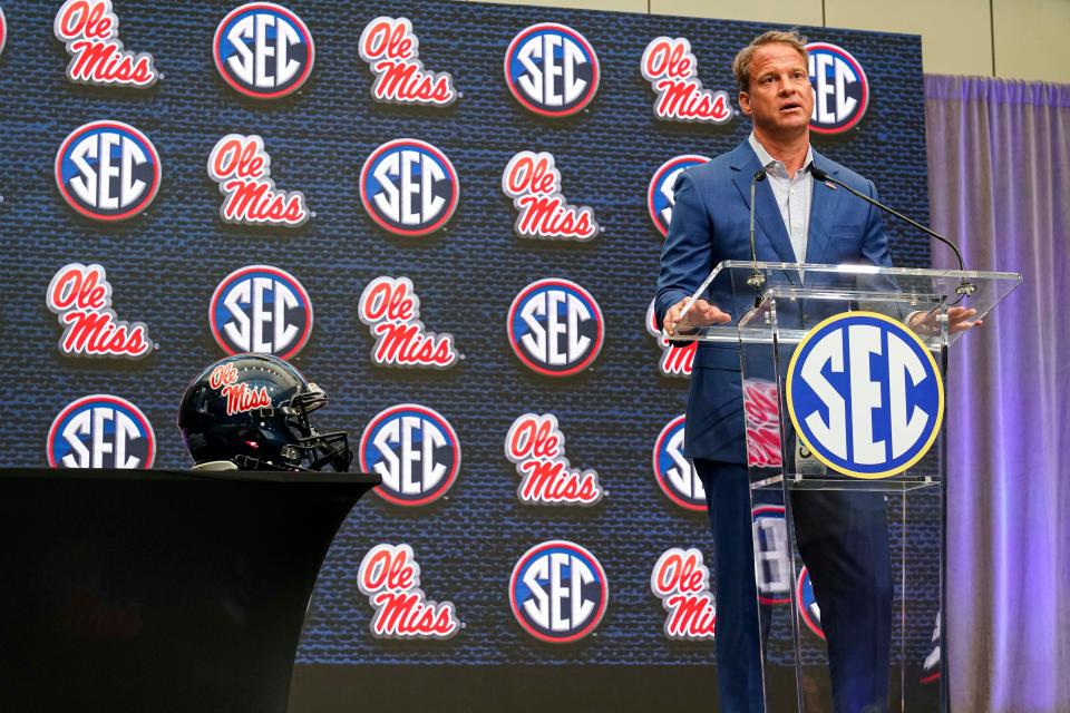 Jul 18, 2022; Atlanta, GA, USA; Mississippi head coach Lane Kiffin speaks to the media during SEC Media Days at the College Football Hall of Fame. Mandatory Credit: Dale Zanine-USA TODAY Sports