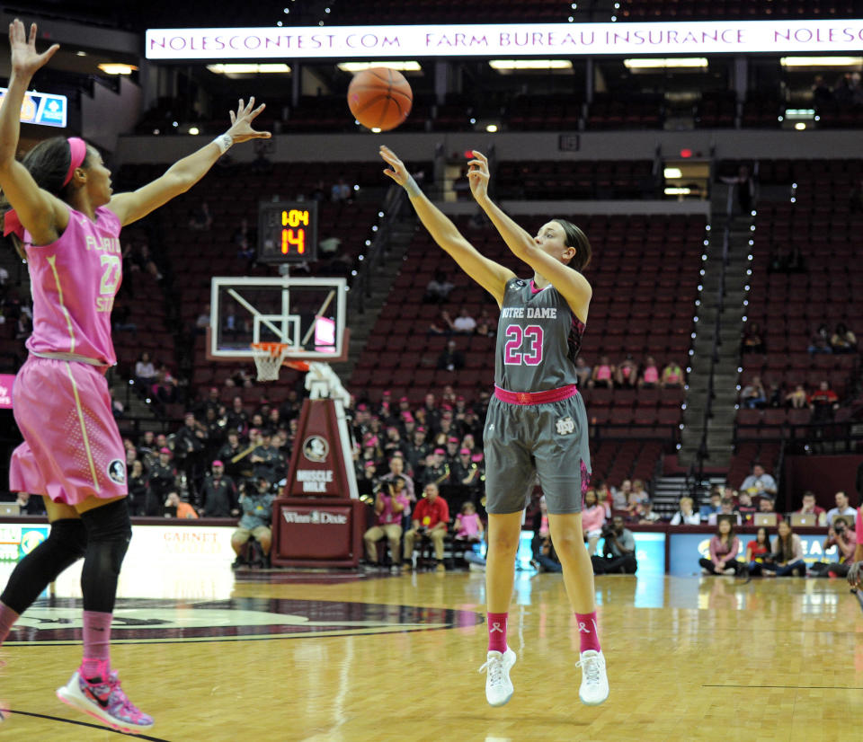 Feb 22, 2016; Tallahassee, FL, USA; Notre Dame Fighting Irish guard Michaela Mabrey (23) shoots a three point shot past Florida State Seminoles forward Ivey Slaughter (23) during the game at the Tucker Center (Tallahassee). Melina Vastola-USA TODAY Sports