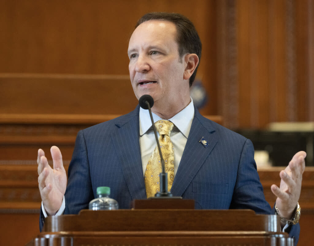 Louisiana Gov. Jeff Landry delivers his address to state lawmakers on opening day of the regular legislative session, Monday, March 11, 2024, at the Louisiana State Capitol in Baton Rouge.