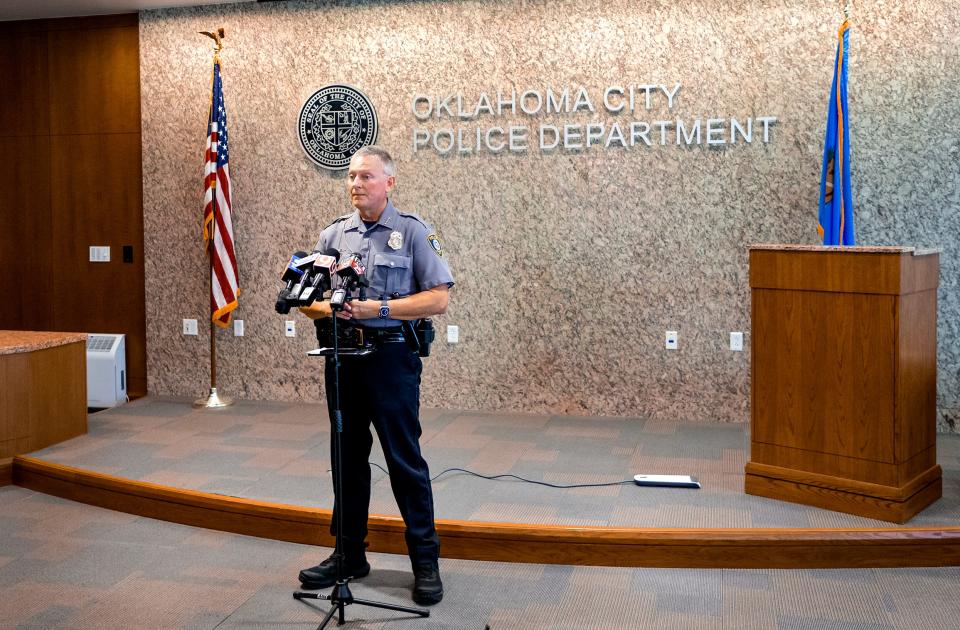 Oklahoma City Police Chief Wade Gourley speaks Monday during a news conference at police headquarters regarding the six officers involved in shootings who were recently cleared by the district attorney's office.