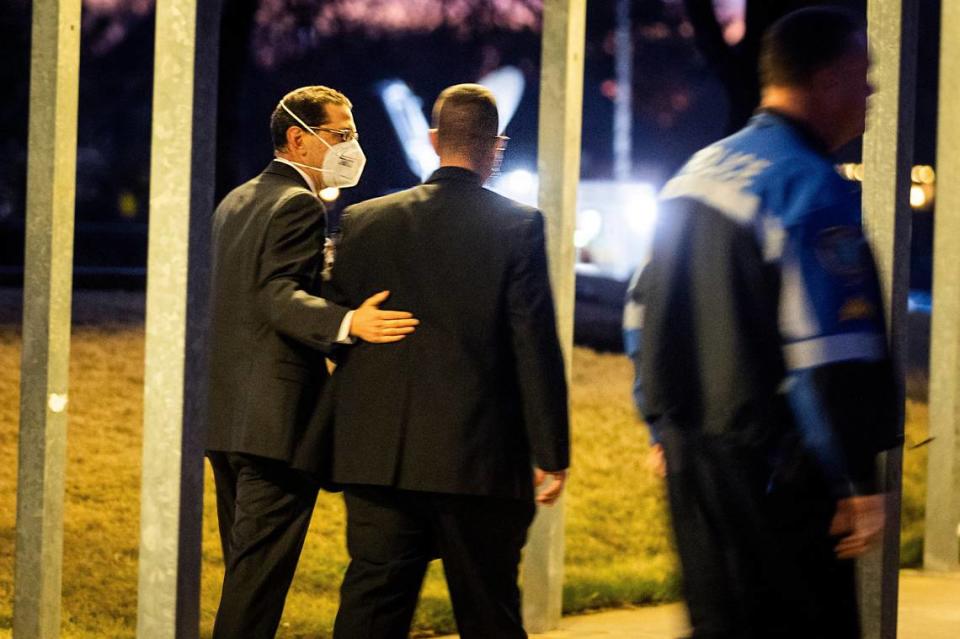 Congregation Beth Israel Rabbi Charlie Cytron-Walker (left) leaves a healing service Monday night, Jan. 17, 2022, at White’s Chapel United Methodist Church in Southlake. Cytron-Walker was one of four people held hostage by a gunman at his Colleyville, Texas, synagogue on Saturday