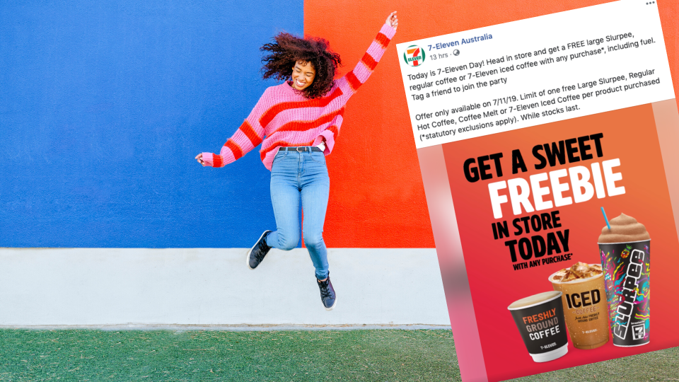 Pictured: 7/11 Facebook post about free Slurpees, woman jumps for joy. Images: Getty, 7/11 via Facebook
