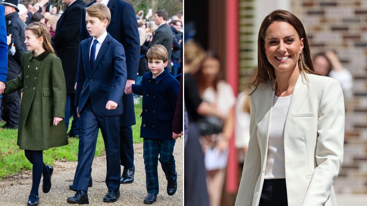   Composite of Prince George, Charlotte and Louis at on Christmas Day 2023 and Kate Middleton at Little Village Brent in 2022. 