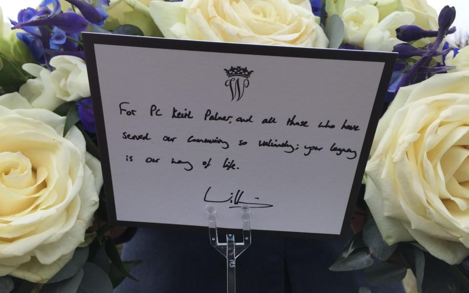 The note on the wreath laid by the Duke of Cambridge  - Credit: Matthew Cooper/PA Wire