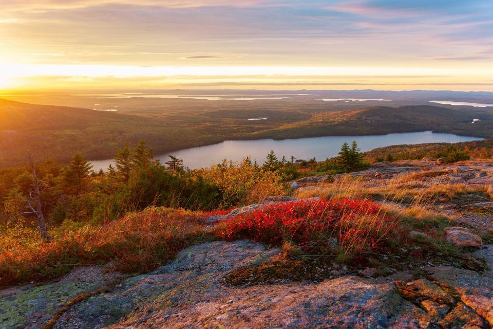 Sunset from Blue Hill Overlook on Cadillac Mountain in Autumn, Bar Harbor, Acadia National Park, Maine, New England, USA